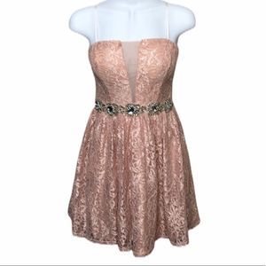 Blush Pink Lace Dress with Rhinestone Waist Dress